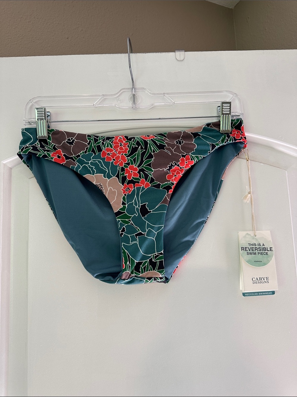 Carve Designs Teal Floral Reversible Bikini Bottom with Red Accents